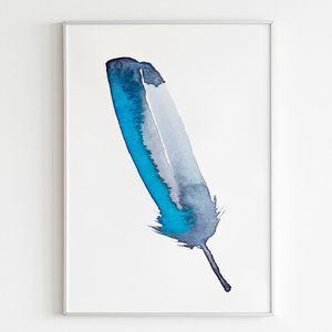Boho blue and grey watercolor feather art print